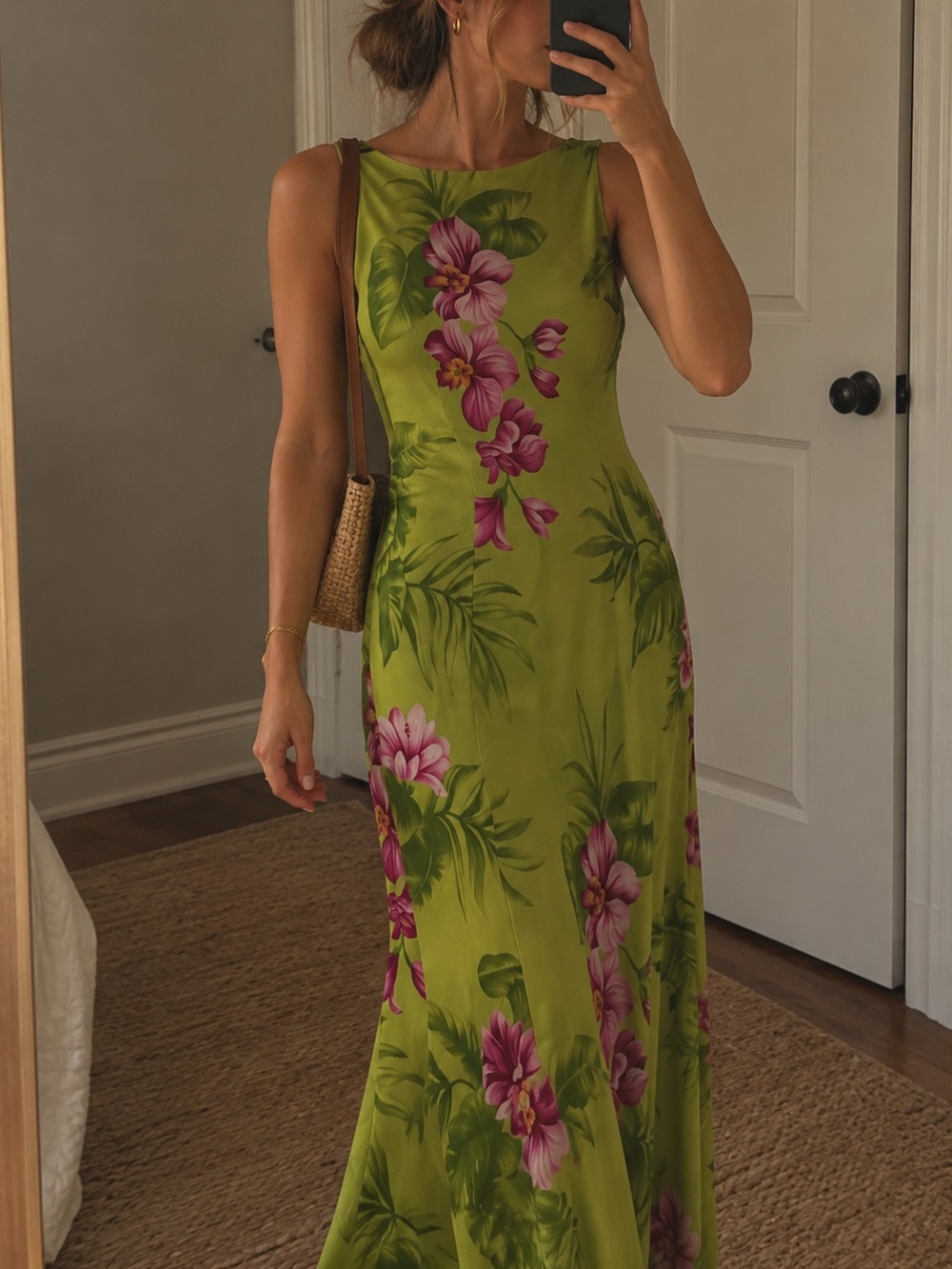 Vintage Y2K Lime Green Floral Maxi Dress with Pink Orchid Print